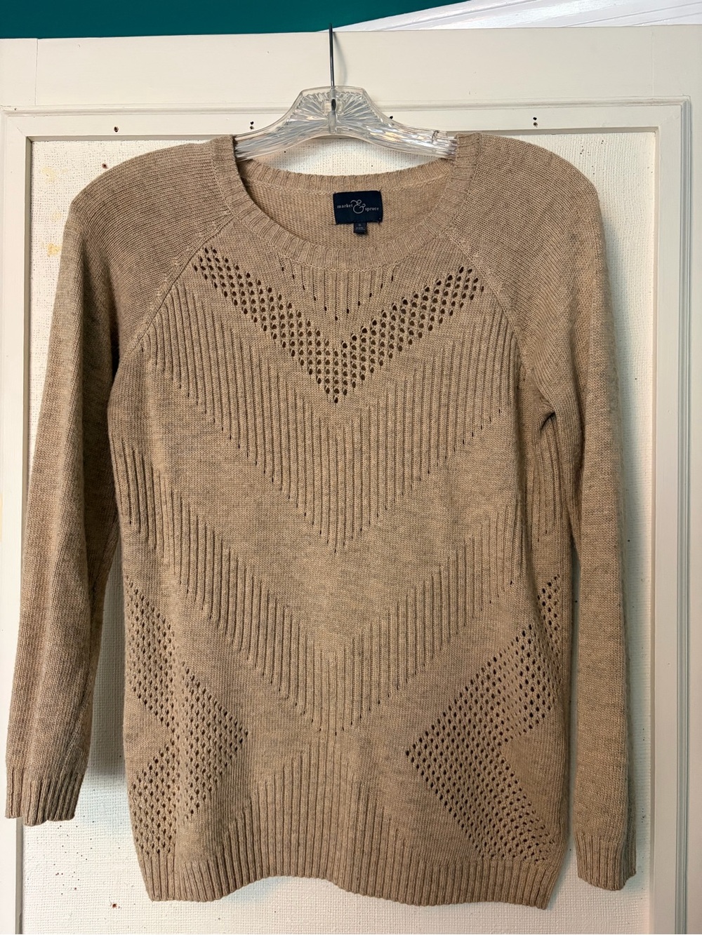 Market & Spruce Tan Chevron Pointelle Crewneck Sweater